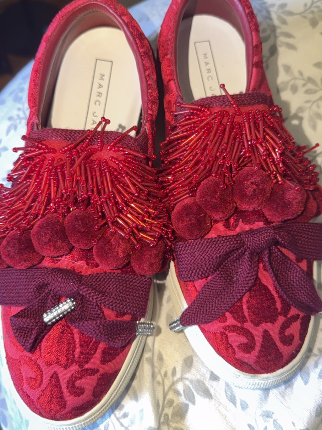 Marc Jacobs Red Velvet Embellished Slip-On Sneakers